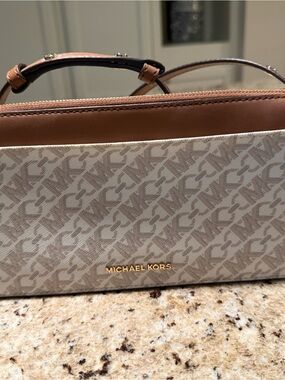 Michael Kors Cream Monogram Crossbody with Brown Trim